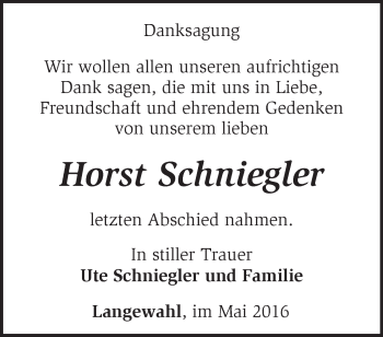 Traueranzeige von Horst Schniegler von Märkische Oderzeitung