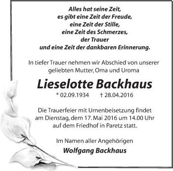 Traueranzeige von Lieselotte Backhaus von Märkische Oderzeitung