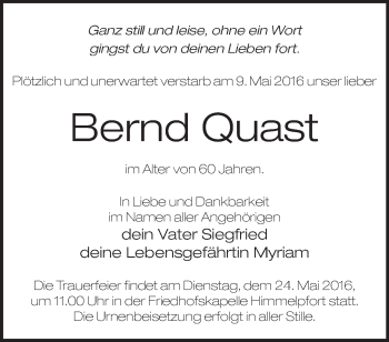 Traueranzeige von Bernd Quast von Märkische Oderzeitung