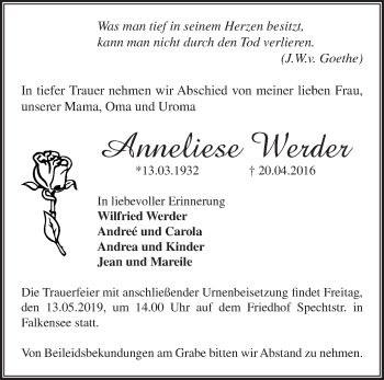 Traueranzeige von Anneliese Werder von Märkische Oderzeitung