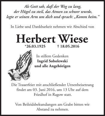 Traueranzeige von Herbert Wiese von Märkische Oderzeitung