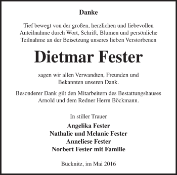 Traueranzeige von Dietmar Fester von Märkische Oderzeitung