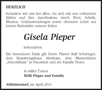 Traueranzeige von Gisela Pieper von Märkische Oderzeitung