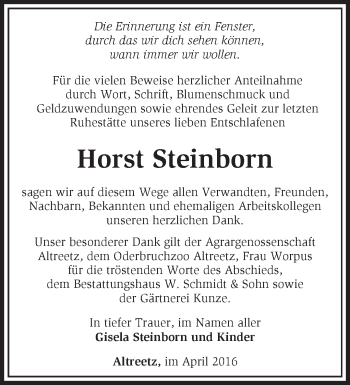 Traueranzeige von Horst Steinborn von Märkische Oderzeitung