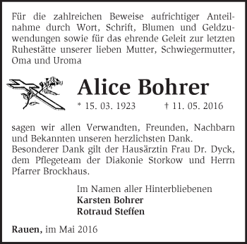 Traueranzeige von Alice Bohrer von Märkische Oderzeitung