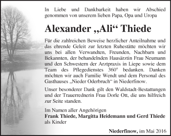 Traueranzeige von Alexander Thiede von Märkische Oderzeitung