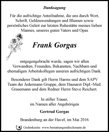 Traueranzeige von Frank Gorgas von Märkische Oderzeitung