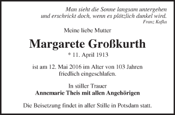 Traueranzeige von Margarete Großkurth von Märkische Oderzeitung