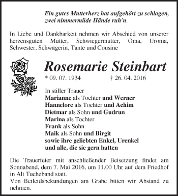 Traueranzeige von Rosemarie Steinbart von Märkische Oderzeitung