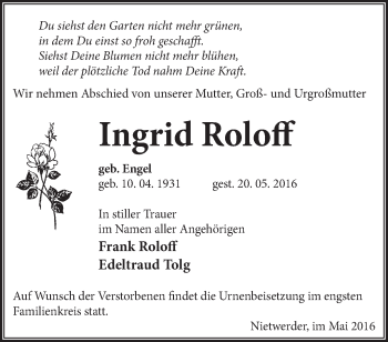 Traueranzeige von Ingrid Roloff von Märkische Oderzeitung