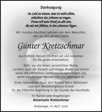 Traueranzeige von Günter Kretzschmar von Märkische Oderzeitung