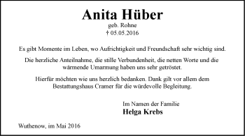 Traueranzeige von Anita Hüber von Märkische Oderzeitung