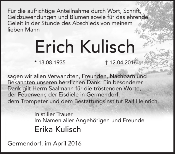 Traueranzeige von Erich Kulisch von Märkische Oderzeitung