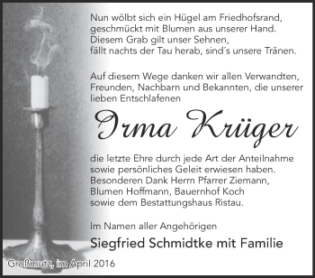 Traueranzeige von Irma Krüger von Märkische Oderzeitung