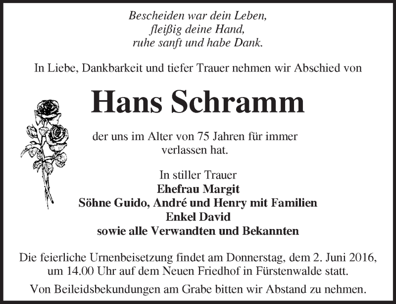  Traueranzeige für Hans Schramm vom 28.05.2016 aus Märkische Oderzeitung