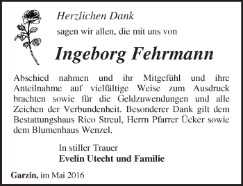 Traueranzeige von Ingeborg Fehrmann von Märkische Oderzeitung