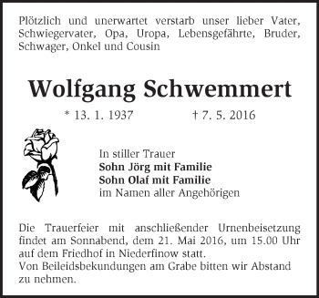 Traueranzeige von Wolfgang Schwemmert von Märkische Oderzeitung