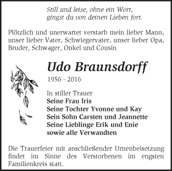 Traueranzeige von Udo Braunsdorff von Märkische Oderzeitung