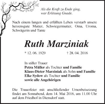 Traueranzeige von Ruth Marziniak von Märkische Oderzeitung