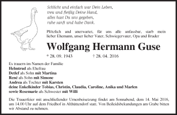 Traueranzeige von Wolfgang Hermann Guse von Märkische Oderzeitung