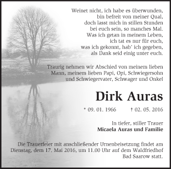 Traueranzeige von Dirk Auras von Märkische Oderzeitung