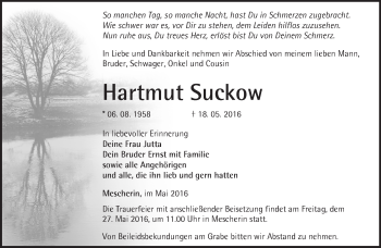 Traueranzeige von Hartmut Suckow von Märkische Oderzeitung