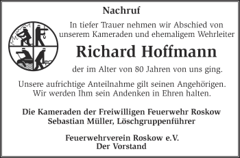 Traueranzeige von Richard Hoffmann von Märkische Oderzeitung