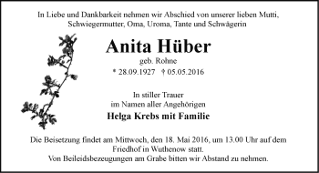 Traueranzeige von Anita Hüber von Märkische Oderzeitung