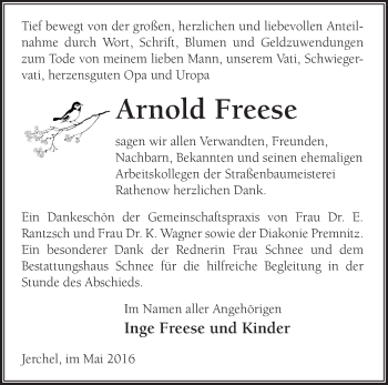 Traueranzeige von Arnhold Freese von Märkische Oderzeitung