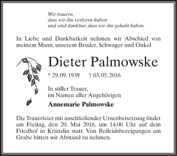 Traueranzeige von Dieter Palmowske von Märkische Oderzeitung