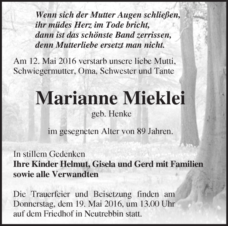  Traueranzeige für Marianne Mieklei vom 14.05.2016 aus Märkische Oderzeitung