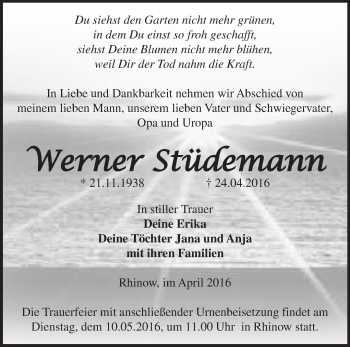 Traueranzeige von Werner Stüdemann von Märkische Oderzeitung