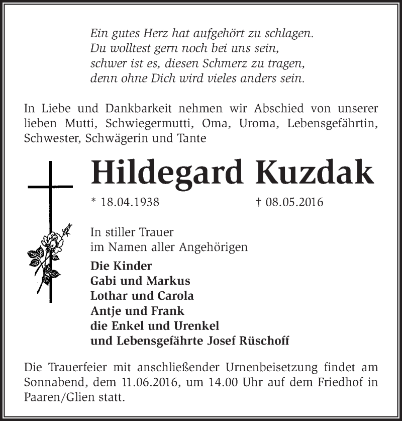  Traueranzeige für Hildegard Kuzdak vom 15.05.2016 aus Märkische Oderzeitung
