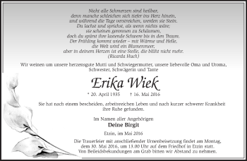 Traueranzeige von Erika Wiek von Märkische Oderzeitung