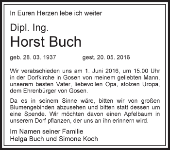 Traueranzeige von Horst Buch von Märkische Oderzeitung