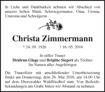 Traueranzeige von Christa Zimmermann von Märkische Oderzeitung