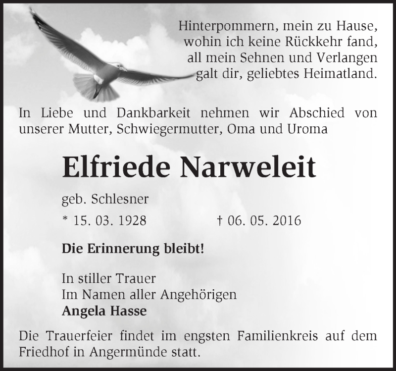  Traueranzeige für Elfriede Narweleit vom 15.05.2016 aus Märkische Oderzeitung