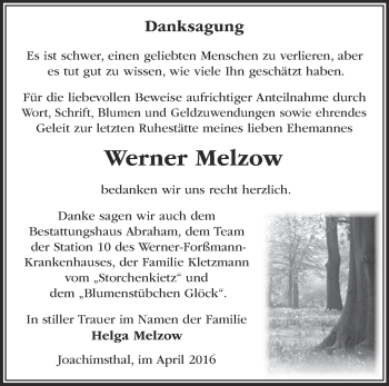 Traueranzeige von Werner Melzow von Märkische Oderzeitung