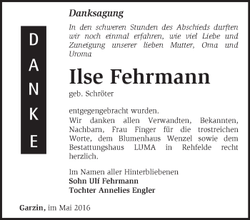 Traueranzeige von Ilse Fehrmann von Märkische Oderzeitung