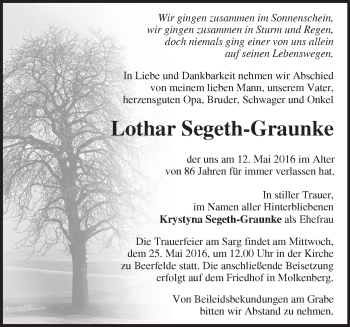 Traueranzeige von Lothar Segeth-Graunke von Märkische Oderzeitung