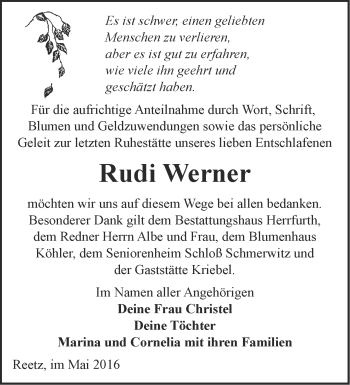 Traueranzeige von Rudi Werner von Märkische Oderzeitung