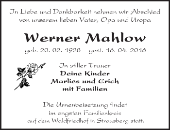 Traueranzeige von Werner Mahlow von Märkische Oderzeitung