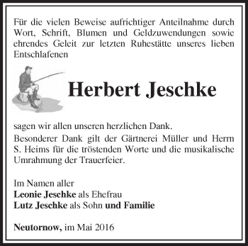 Traueranzeige von Herbert Jeschke von Märkische Oderzeitung