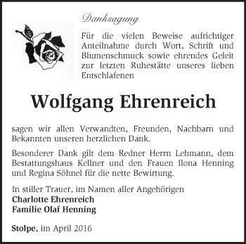 Traueranzeige von Wolfgang Ehrenreich von Märkische Oderzeitung