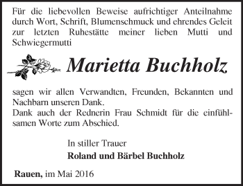 Traueranzeige von Marietta Buchholz von Märkische Oderzeitung