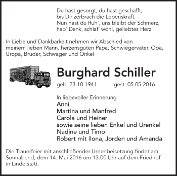 Traueranzeige von Burghard Schiller von Märkische Oderzeitung