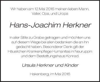 Traueranzeige von Hans-Joachim Herkner von Märkische Oderzeitung