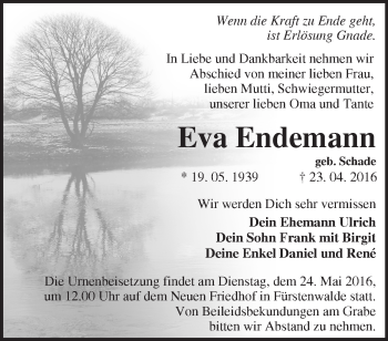 Traueranzeige von Eva Endemann von Märkische Oderzeitung