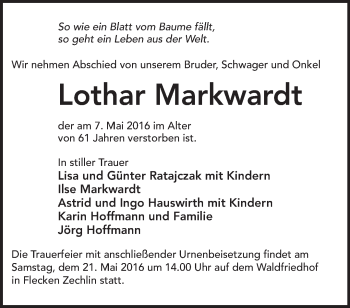 Traueranzeige von Lothar Markwardt von Märkische Oderzeitung