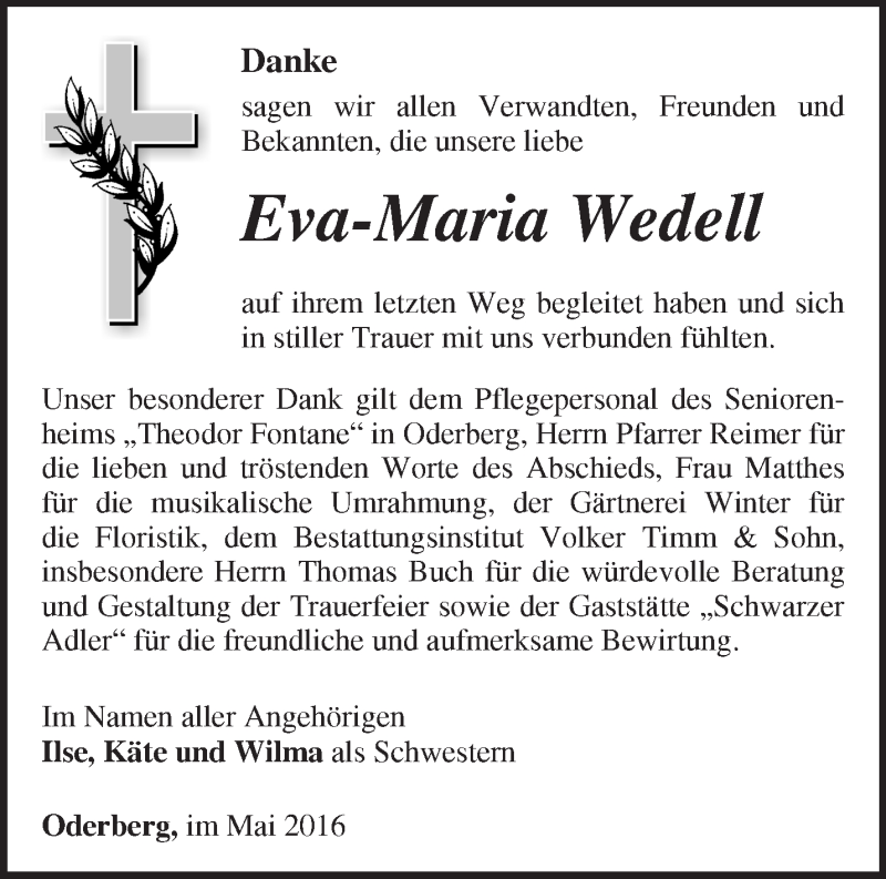  Traueranzeige für Eva-Maria Wedell vom 22.05.2016 aus Märkische Oderzeitung
